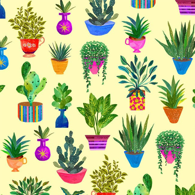 Cotton Print Yellow Houseplants Books Are Magic Fabric