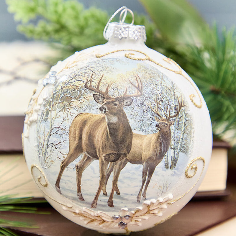 5” Glass Deer with Holly Scroll Ball Ornament