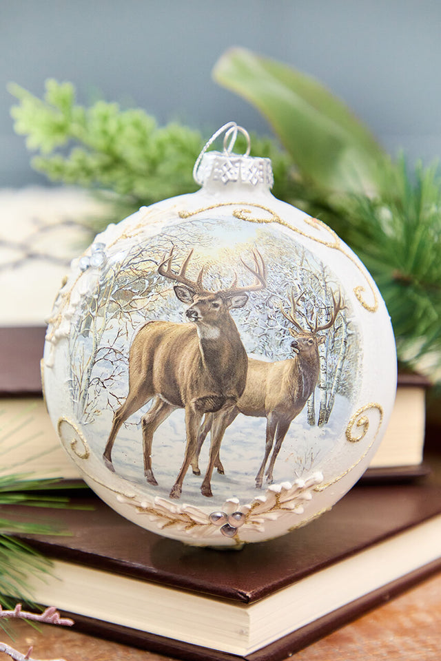 5” Glass Deer with Holly Scroll Ball Ornament