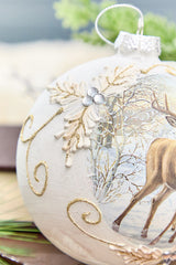 5” Glass Deer with Holly Scroll Ball Ornament