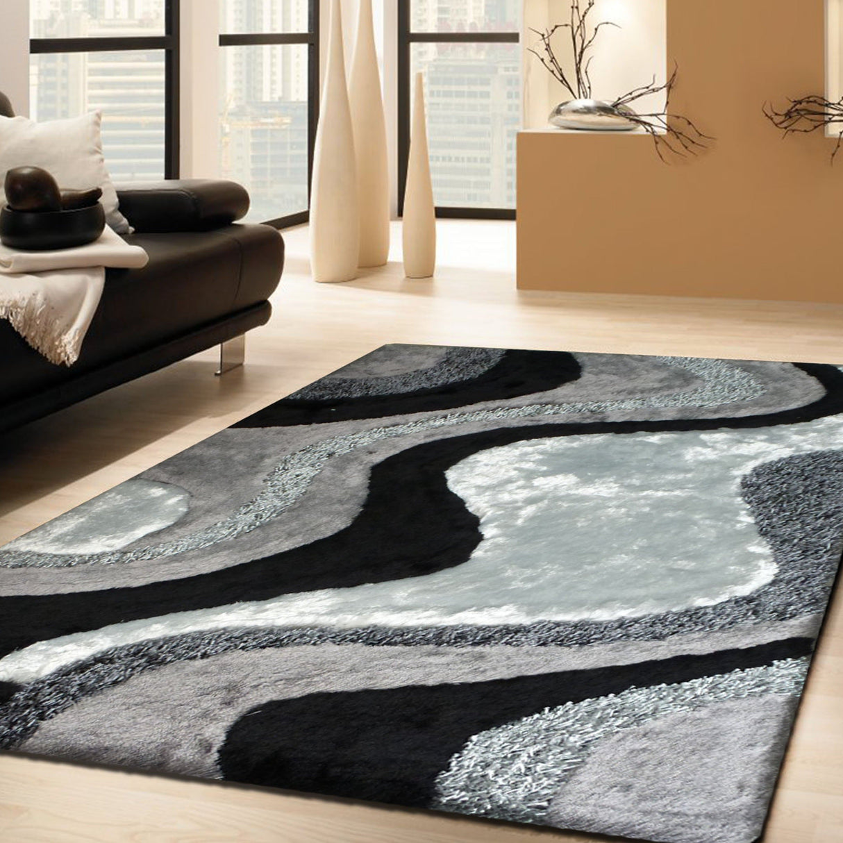 Luxury Shag Viscose Shiny Design Plush Area Rug Carpet - Polyester Shag Rug, Multi Color Pattern, 2" Pile Approx, 7'6" X 10'3" (1 Rug)