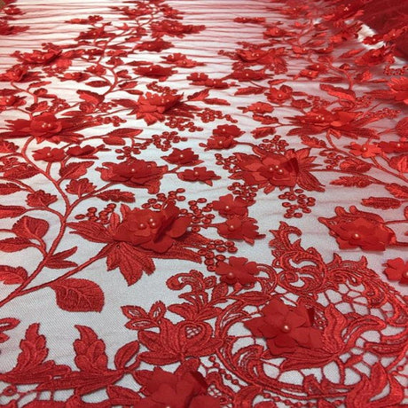 3D Embroidered Satin Floral Pearl Lace Fabric - 100 Percent Polyester Fabric, Floral Pearl Embroidery, 52" Width, 12" Panel (1 Yard)