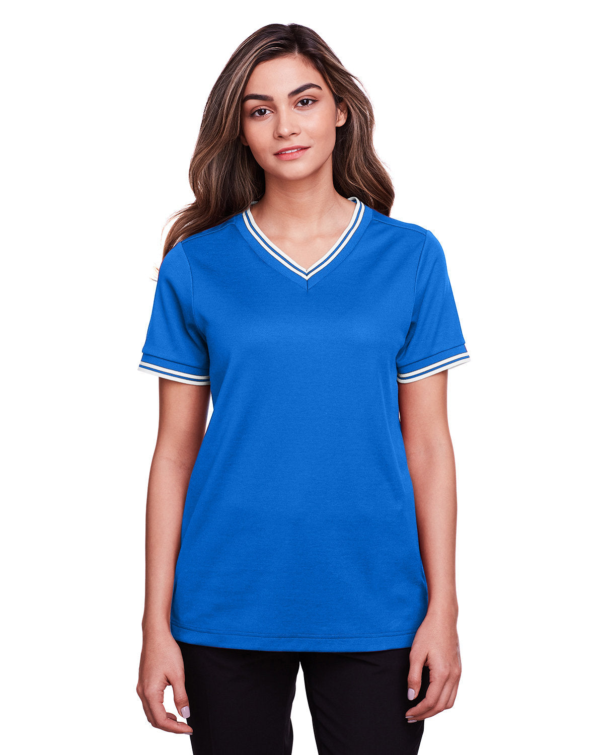 CrownLux Performance® Ladies' Plaited Tipped V-Neck Top