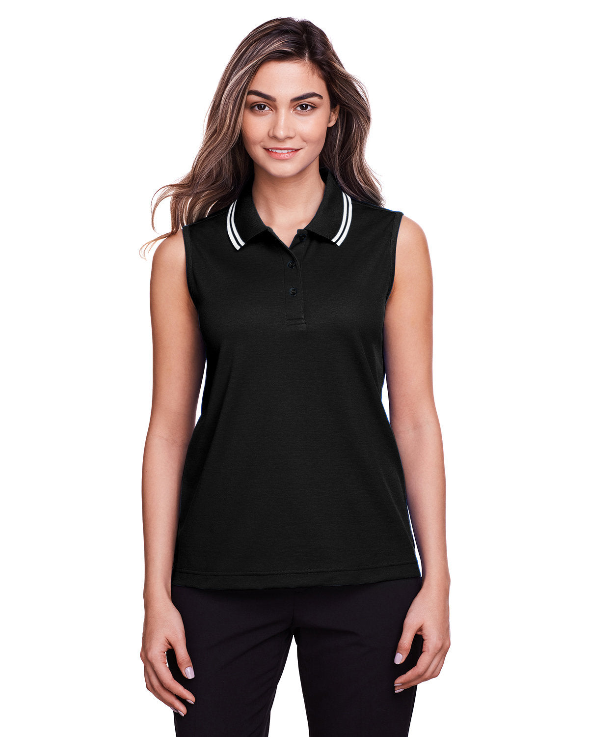 CrownLux Performance® Ladies' Plaited Tipped Sleeveless Polo