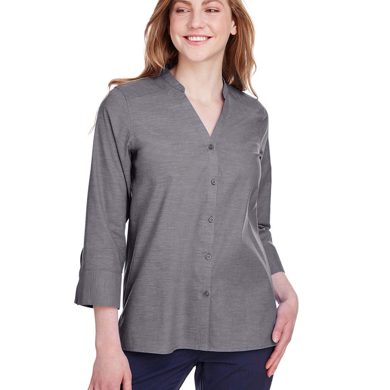 Ladies Crown Collection® Stretch Pinpoint Chambray Three-Quarter Sleeve Blouse