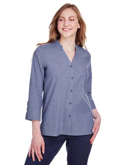 Ladies' Crown Collection® Stretch Pinpoint Chambray Three-Quarter Sleeve Blouse