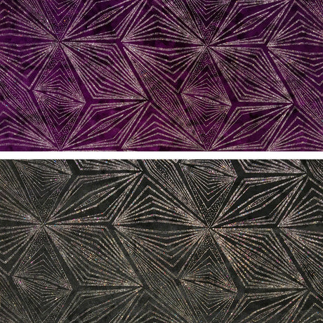 Stretch Velvet Fabric - Diagonal Glittery Design, Plum And Black, 58/60" Width