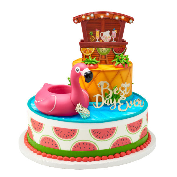 Tropical Party Cake Topper, 2-Piece Pool Party Cake Decoration Set, Includes Pink Flamingo Can Cooler and Tiki-Hut