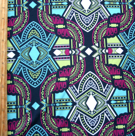 Nylon Lycra Swim Knit Dark Magenta Seafoam Chartreuse Aztec on Charcoal Black