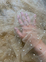 Champagne Pearl Beaded Glitter Tulle