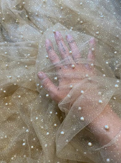 Champagne Pearl Beaded Glitter Tulle