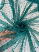 Teal Pearl Beaded Glitter Tulle