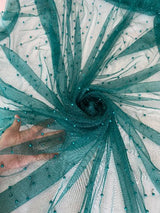Teal Pearl Beaded Glitter Tulle
