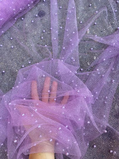 Stretch Lilac Pearl Beaded Tulle