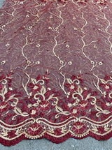 Burgundy Embroidered Glitter Floral Scalloped Lace