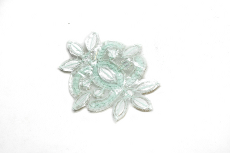 Embroidered Applique Mint Green Gold Floral Rhinestone 4x3
