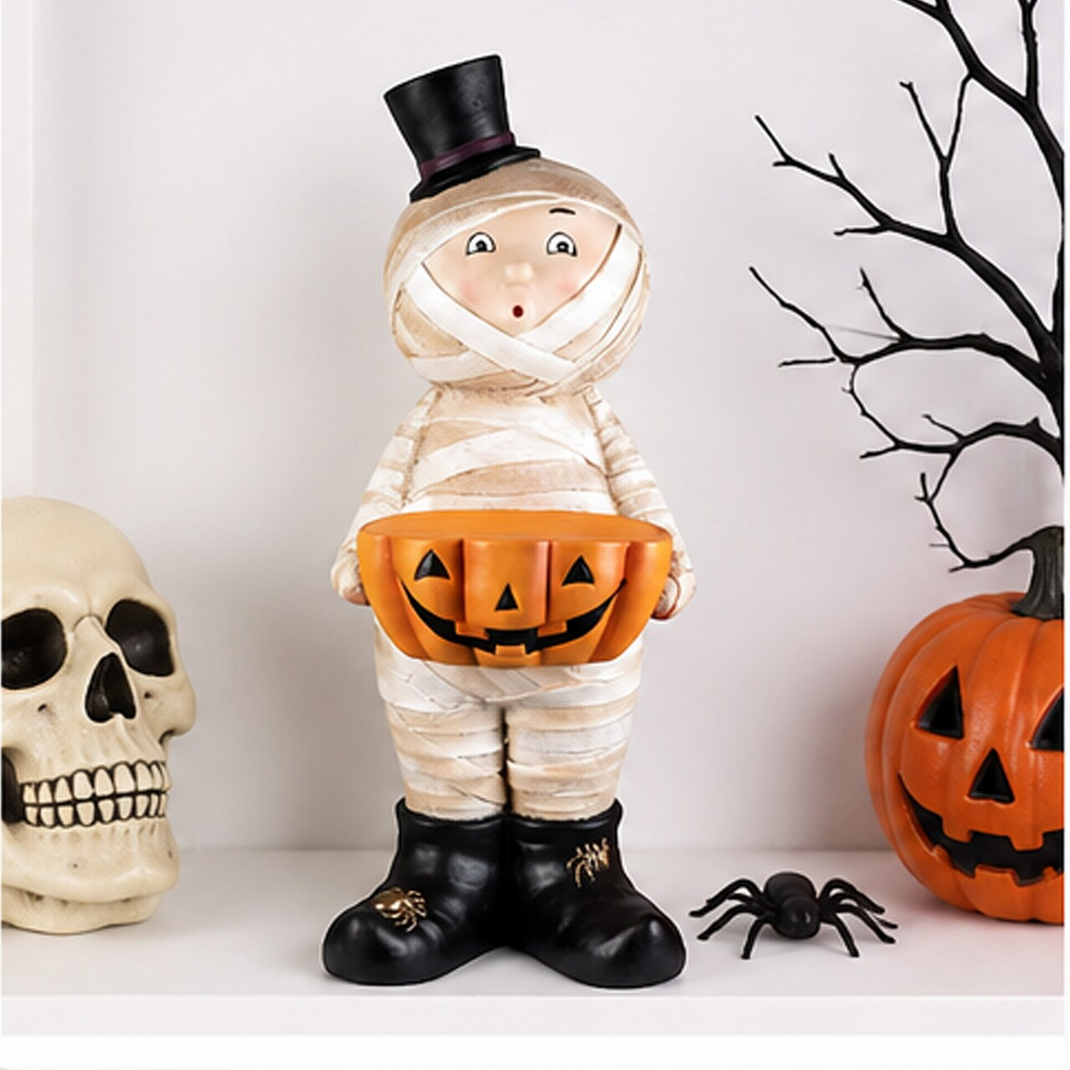23 Inch Mummy in Top Hat Holding Jack-O-Lantern Candy Dish