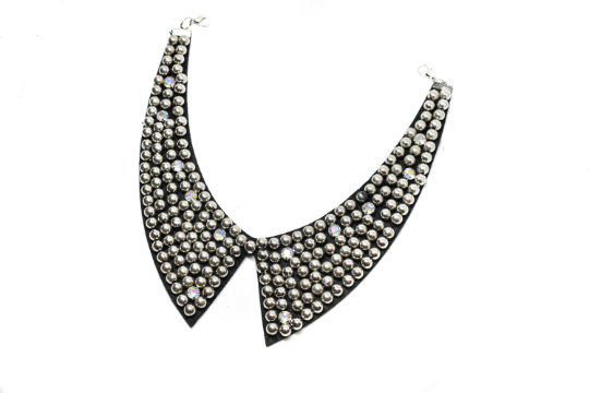 Beaded Necklace Applique Silver Rhinestones 9.5"
