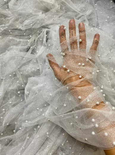 White Pearl Beaded Glittery Tulle