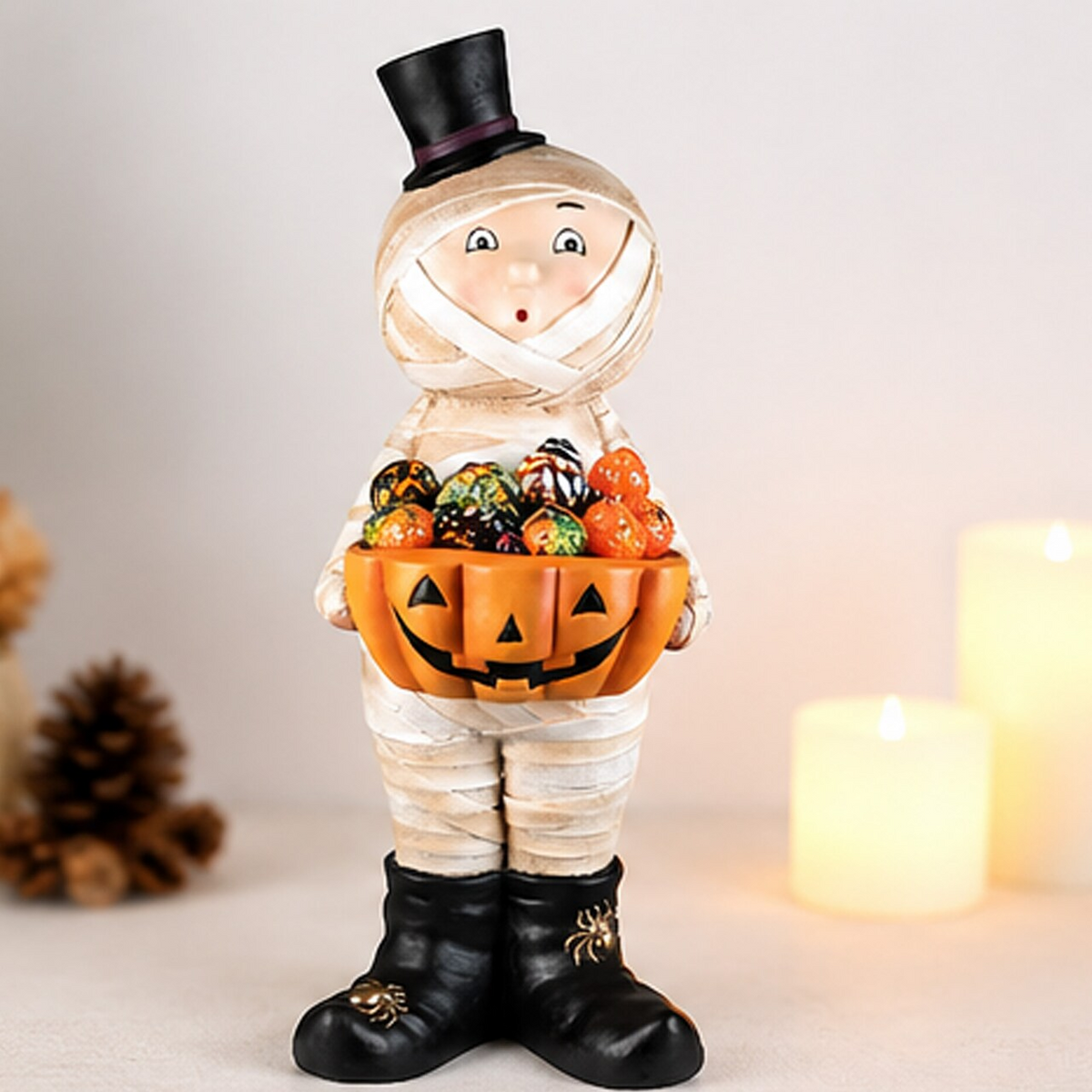 23 Inch Mummy in Top Hat Holding Jack-O-Lantern Candy Dish