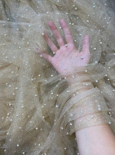 Champagne Pearl Beaded Glitter Tulle