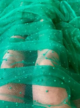 Pearl Beaded Tulle Mesh Kelly Green