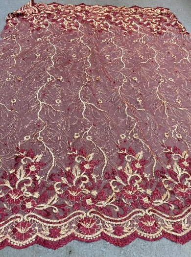 Burgundy Embroidered Glitter Floral Scalloped Lace