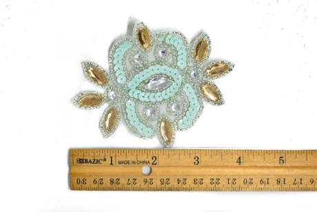 Embroidered Applique Mint Green Gold Floral Rhinestone 4x3