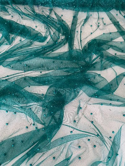 Teal Pearl Beaded Glitter Tulle
