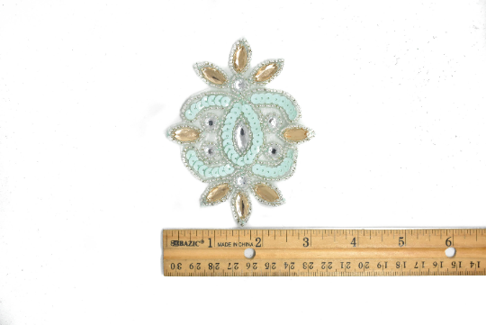 Embroidered Applique Mint Green Gold Floral Rhinestone 4x3
