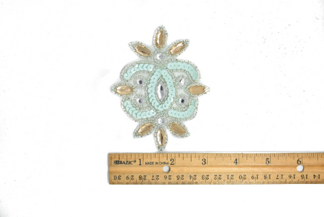 Embroidered Applique Mint Green Gold Floral Rhinestone 4x3