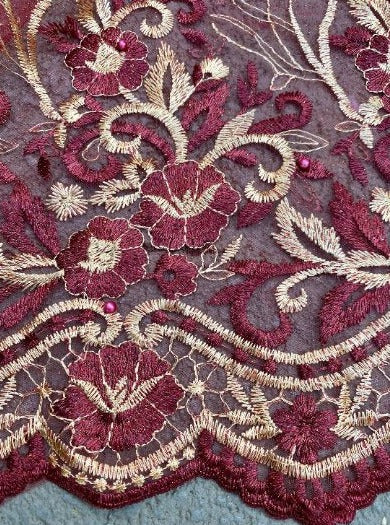 Burgundy Embroidered Glitter Floral Scalloped Lace