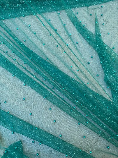 Teal Pearl Beaded Glitter Tulle
