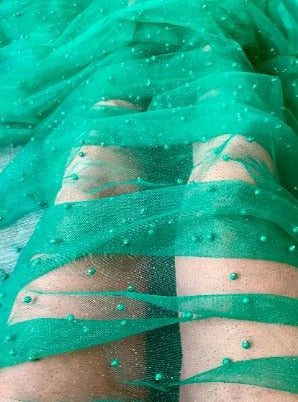 Pearl Beaded Tulle Mesh Kelly Green