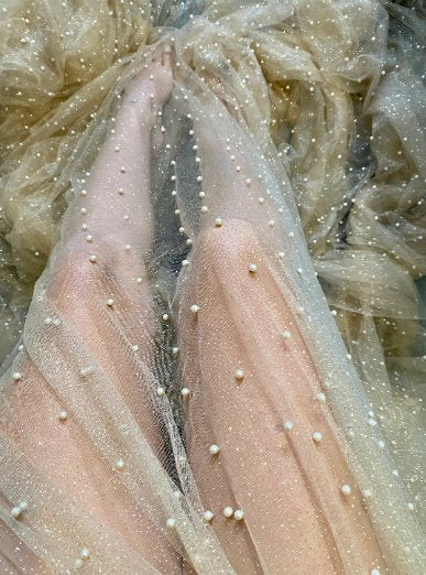 Champagne Pearl Beaded Glitter Tulle