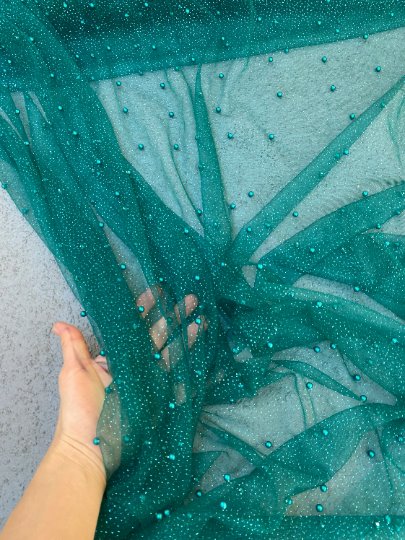 Teal Pearl Beaded Glitter Tulle