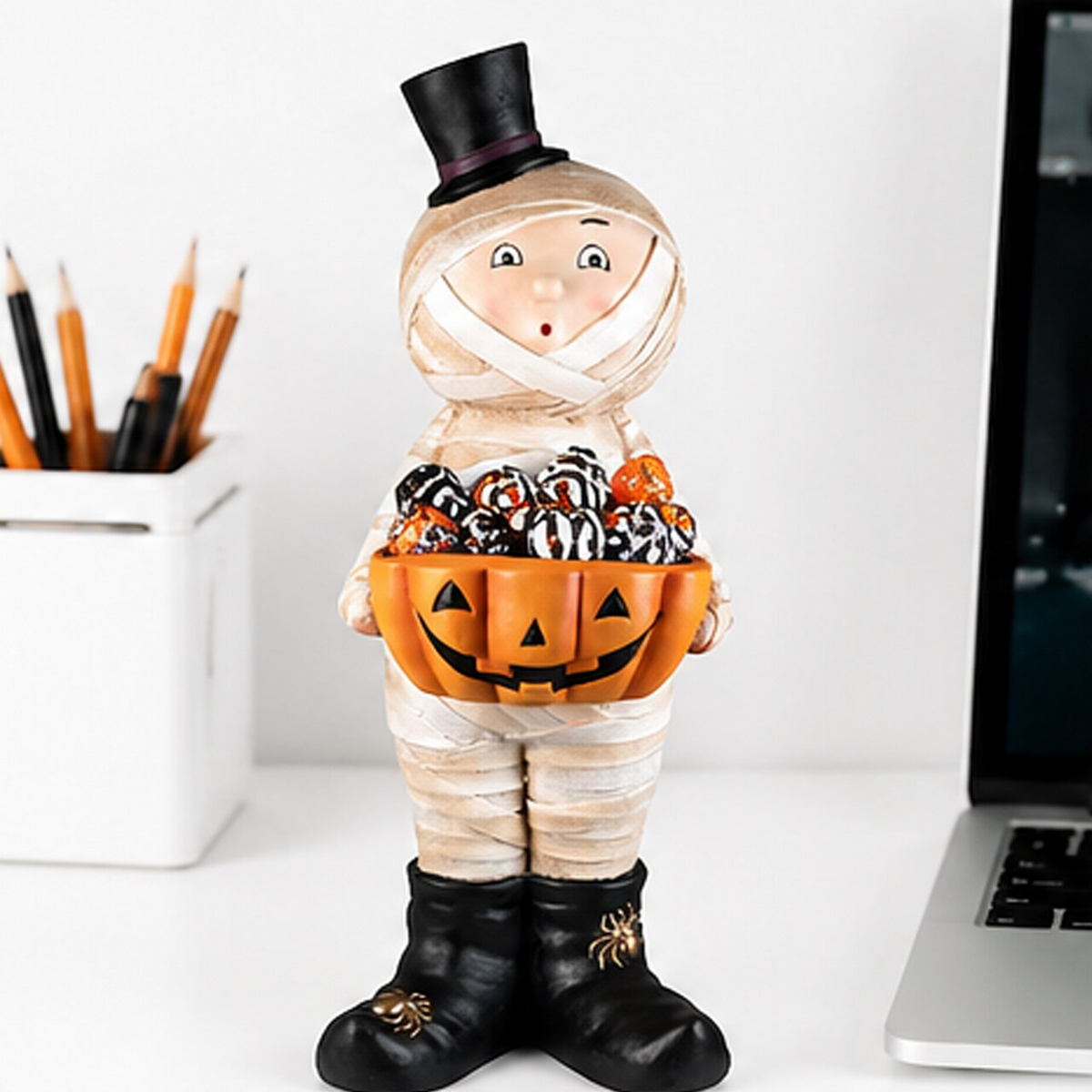 23 Inch Mummy in Top Hat Holding Jack-O-Lantern Candy Dish