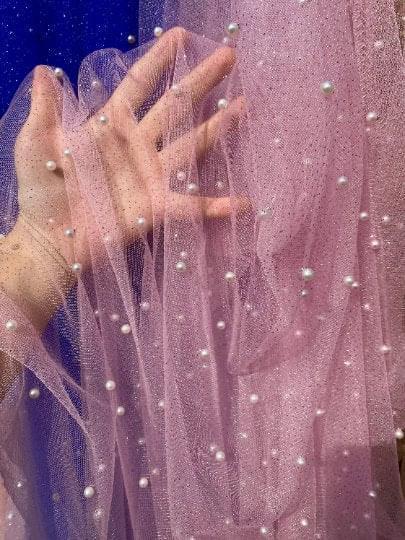 Pearled Glittery Mesh Tulle Baby Pink