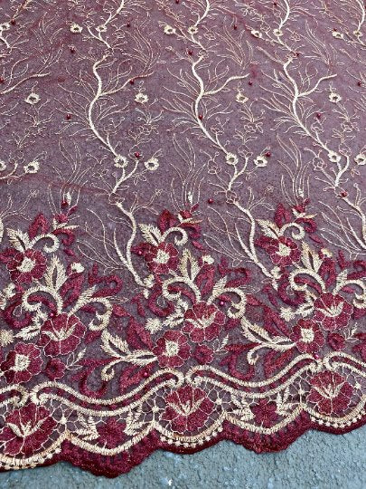 Burgundy Embroidered Glitter Floral Scalloped Lace