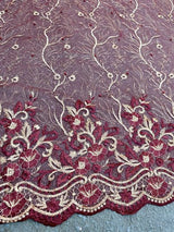 Burgundy Embroidered Glitter Floral Scalloped Lace