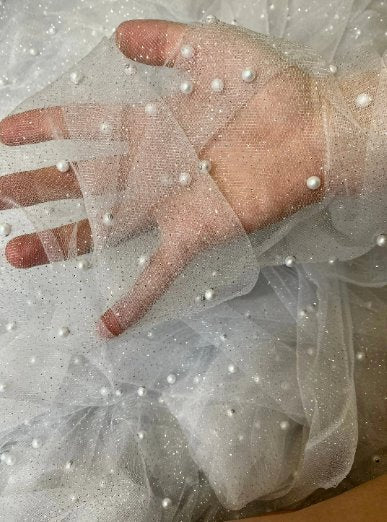 White Pearl Beaded Glittery Tulle