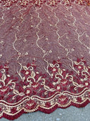 Burgundy Embroidered Glitter Floral Scalloped Lace