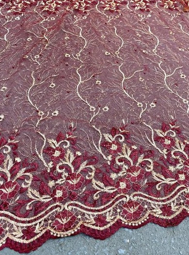 Burgundy Embroidered Glitter Floral Scalloped Lace