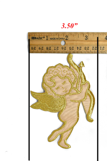 Embroidered Cupid Iron-On Applique Gold 3.5 x 5.25