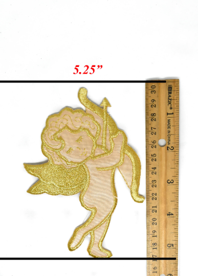 Embroidered Cupid Iron-On Applique Gold 3.5 x 5.25