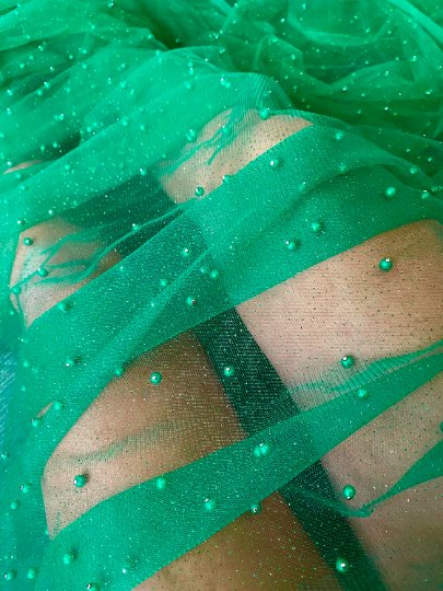 Pearl Beaded Tulle Mesh Kelly Green