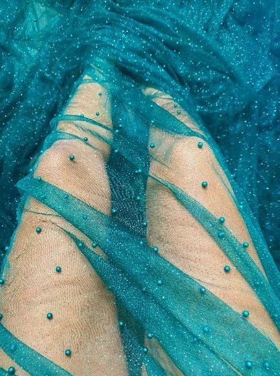 Teal Pearl Beaded Glitter Tulle