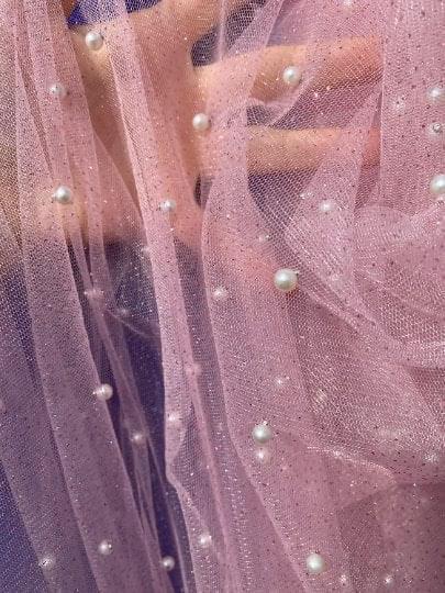 Pearled Glittery Mesh Tulle Baby Pink