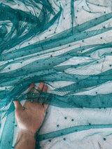 Teal Pearl Beaded Glitter Tulle