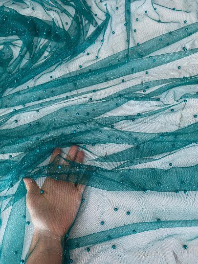 Teal Pearl Beaded Glitter Tulle